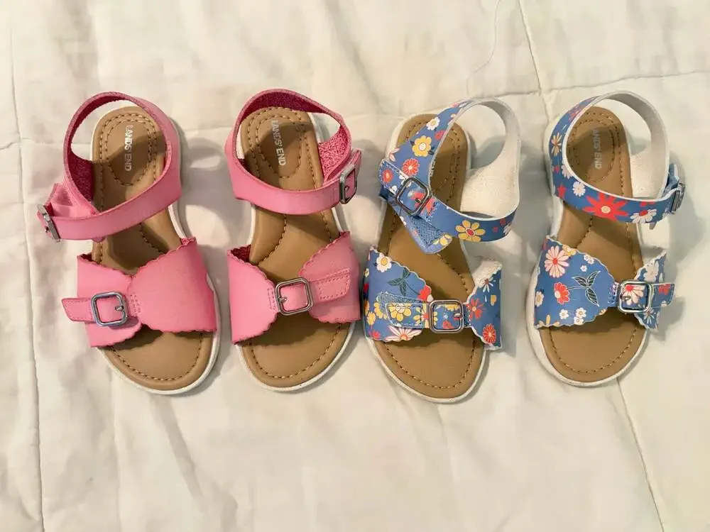 Lands’ End Toddler Girls Sandals Size 9 Lot of 2 Pink & Blue Floral Scalloped
